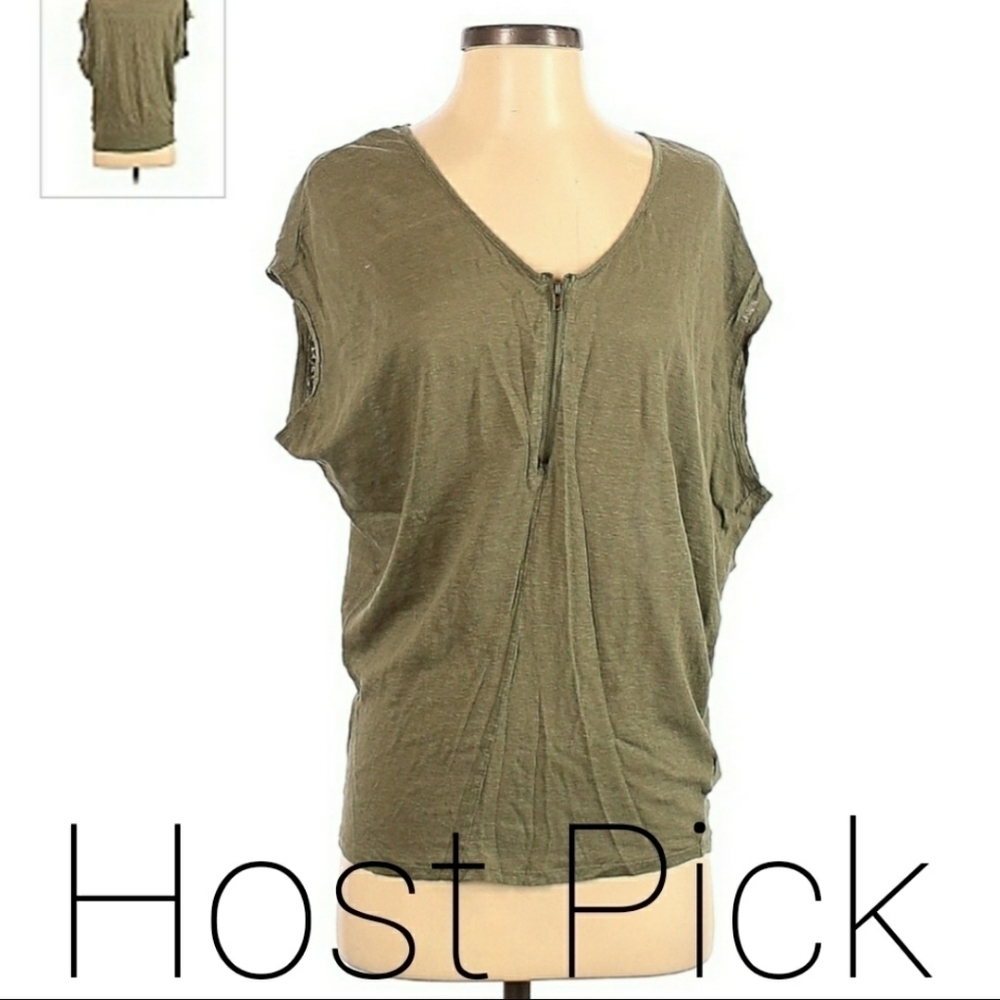 Love 21 Olive Green Babydoll Sleeve Zip Front Top 100% Linen Women's Small EUC